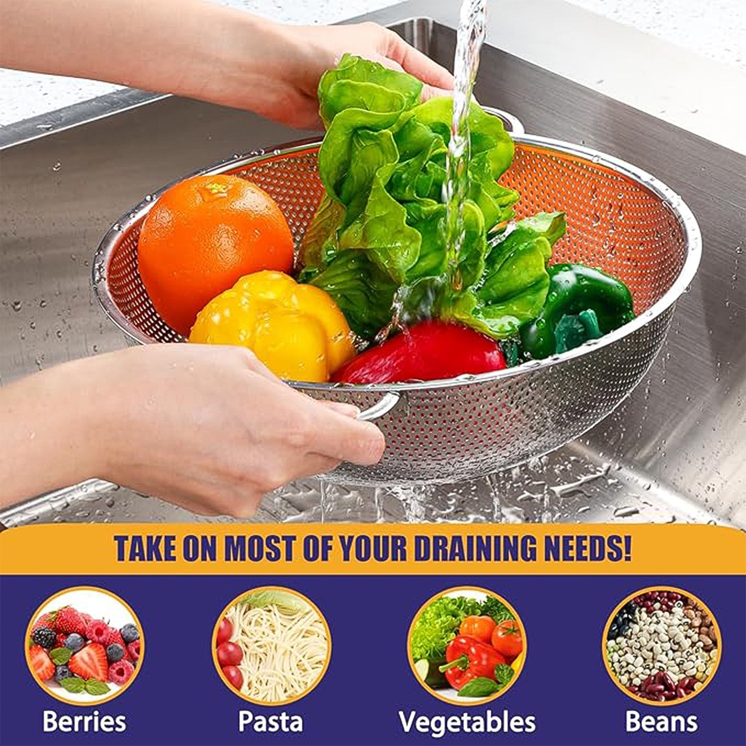 Drain Basket Steel Big Drip Tray Kitchen Drying Stand Mesh Sink Dish Rack Round Basket Mesh Fruits, Vegetable, Drainer Washer for Kitchen Drying Stand (30 x 20 x 8 Cm)