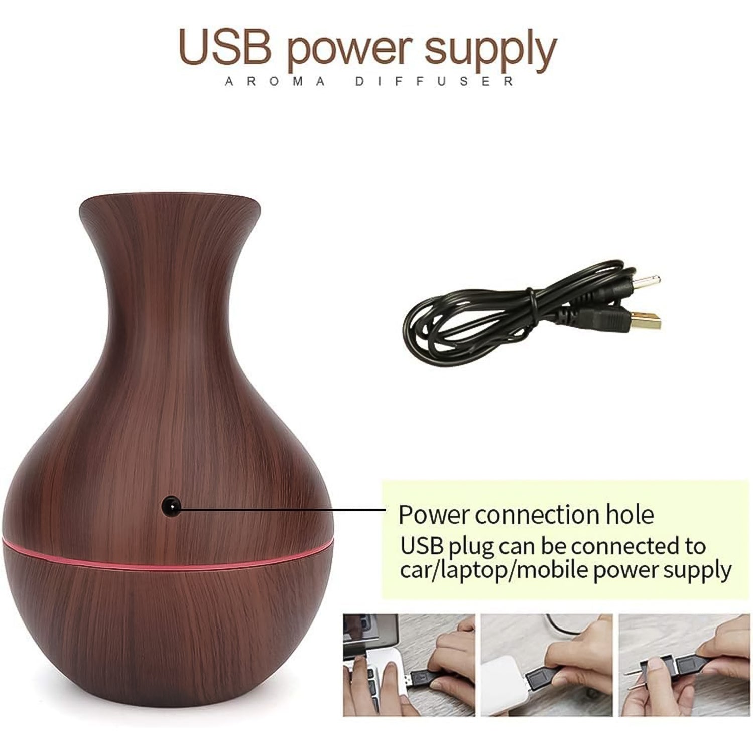 Mini Wooden Vase Pot Diffuser Cool Mist Atomization Humidifier (1 Pc) Dark