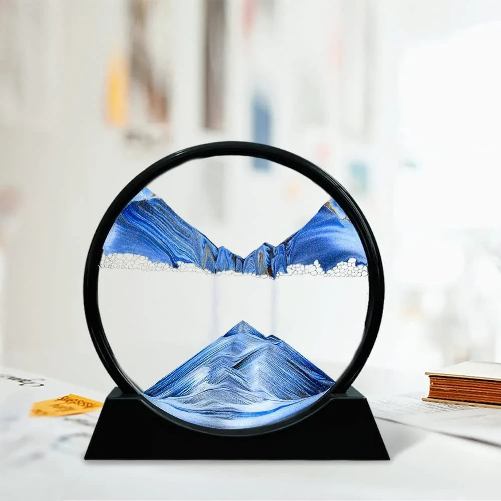 Moving Sand Art Picture, Liquid Motion 3D Sandscape, Glass Painting with Natural Landscape(BLUE)