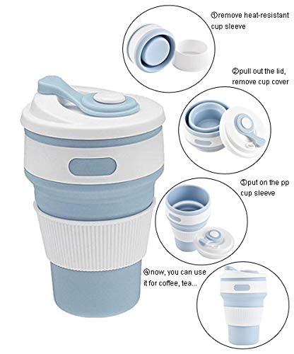 BPA Free Food Grade Silicone Collapsible Foldable Portable Tea Coffee Water Thermos Travel Mug Cup, Heat Insulated for Hot and Cold, Foldable Cup with Lid, 350ML