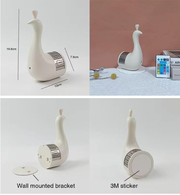 Peacock Wall Light, 7 Color Peacock Lamp with Remote Control, USB Charging, White