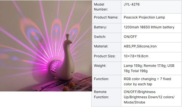 Peacock Wall Light, 7 Color Peacock Lamp with Remote Control, USB Charging, White