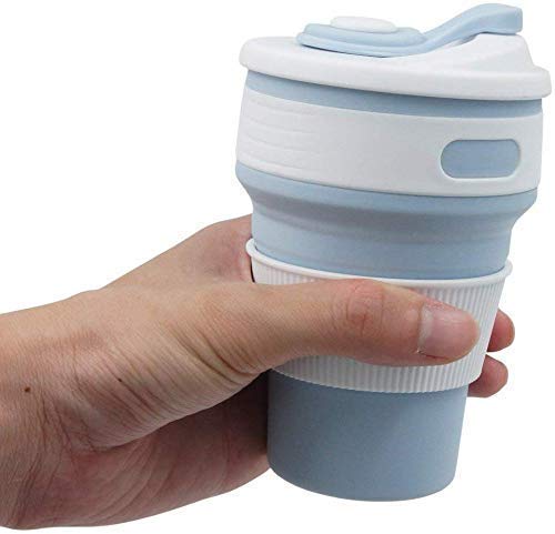 BPA Free Food Grade Silicone Collapsible Foldable Portable Tea Coffee Water Thermos Travel Mug Cup, Heat Insulated for Hot and Cold, Foldable Cup with Lid, 350ML