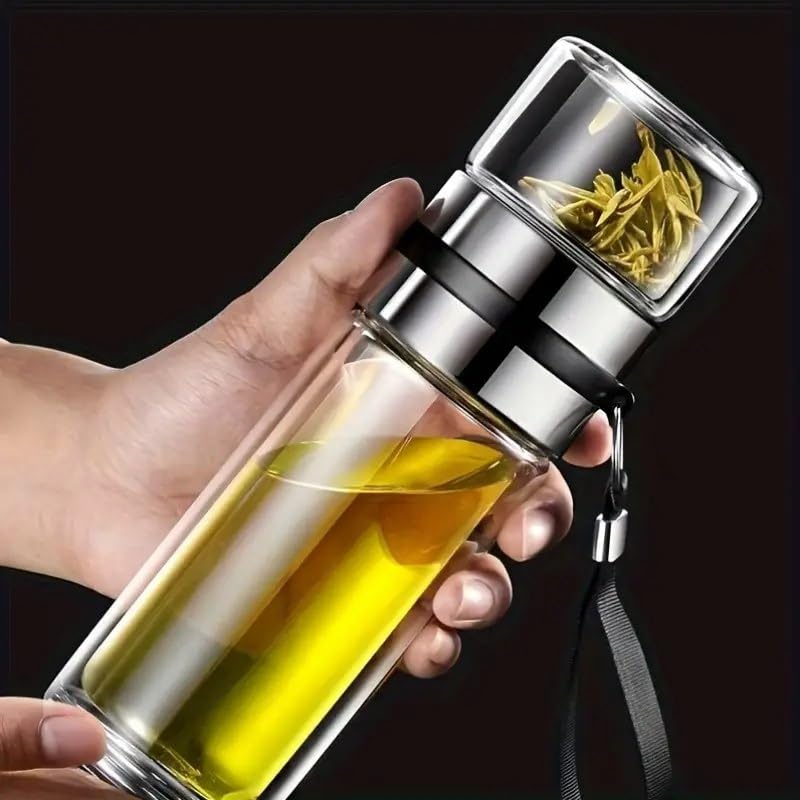 Dual-Layer Borosilicate Glass Tea Infuser Bottle With Strainer Filter | Double-Wall Tea, Coffee and Detox Water Bottle For office, Travel, Gym and Yoga Class | Green Tea Infuser Bottle – 350ML