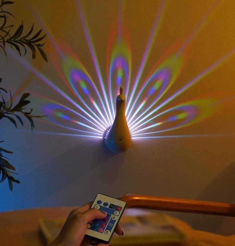 Peacock Wall Light, 7 Color Peacock Lamp with Remote Control, USB Charging, White