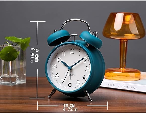 Metal Vintage Twin Bell Analog Display Table Alarm Clock with Night LED Light (Blue)