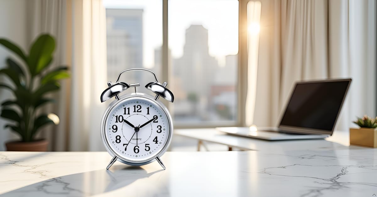Twin Bell Table Clock, Metal Frame Alarm Clock with Night Backlight