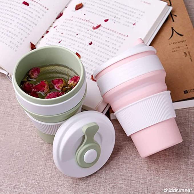 BPA Free Food Grade Silicone Collapsible Foldable Portable Tea Coffee Water Thermos Travel Mug Cup, Heat Insulated for Hot and Cold, Foldable Cup with Lid, 350ML