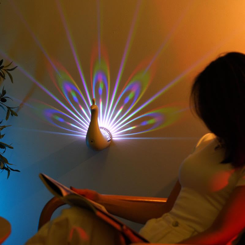 Peacock Wall Light, 7 Color Peacock Lamp with Remote Control, USB Charging, White
