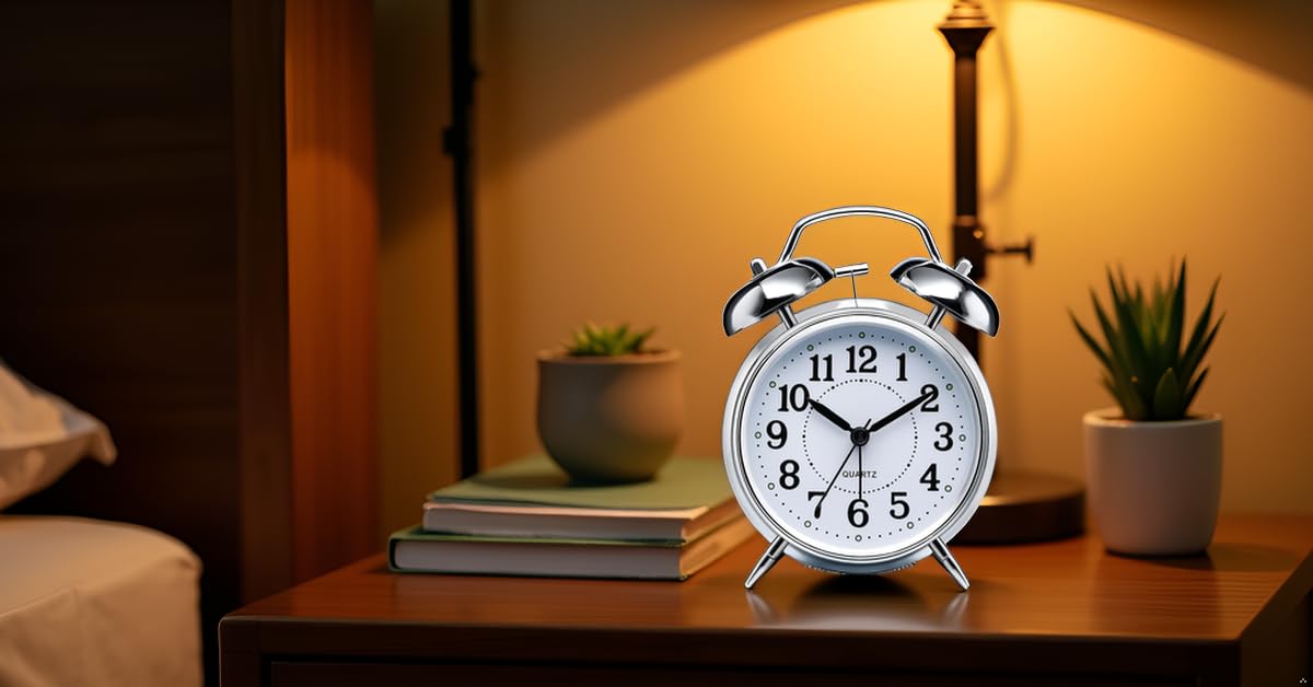 Twin Bell Table Clock, Metal Frame Alarm Clock with Night Backlight