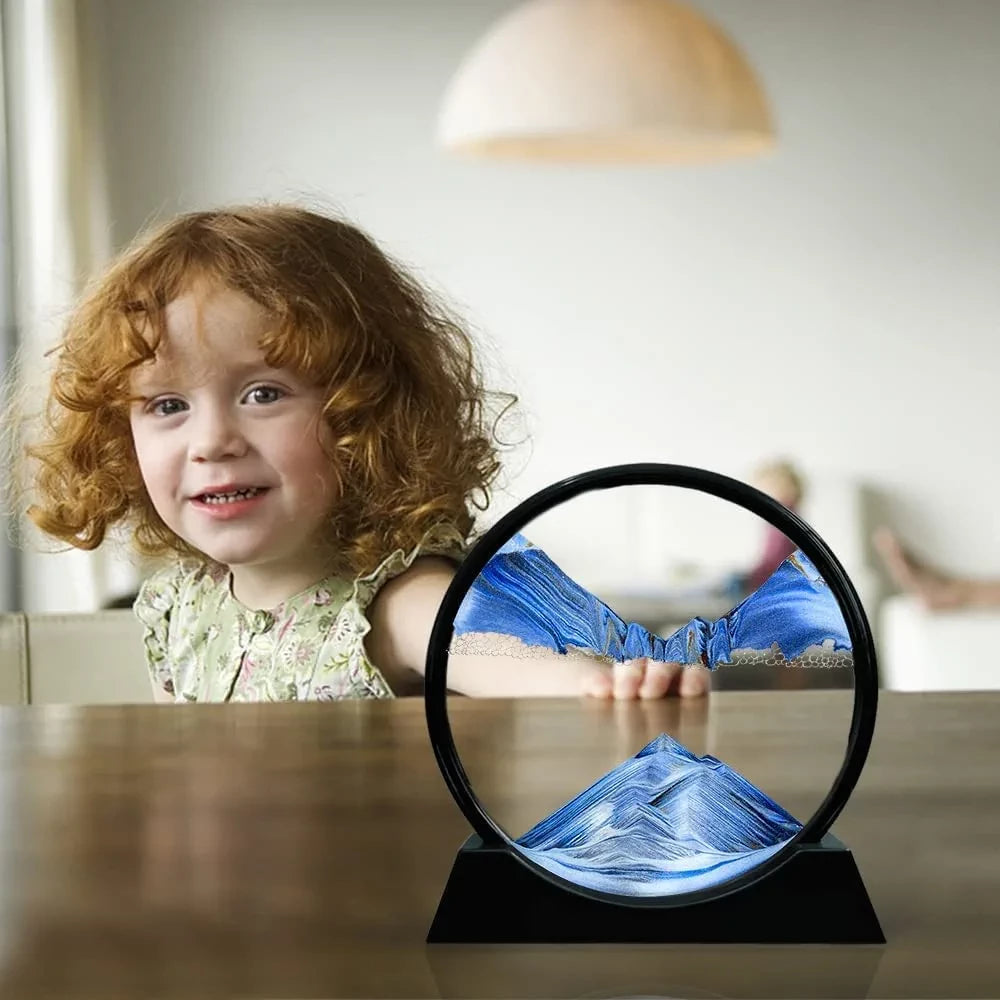 Moving Sand Art Picture, Liquid Motion 3D Sandscape, Glass Painting with Natural Landscape(BLUE)