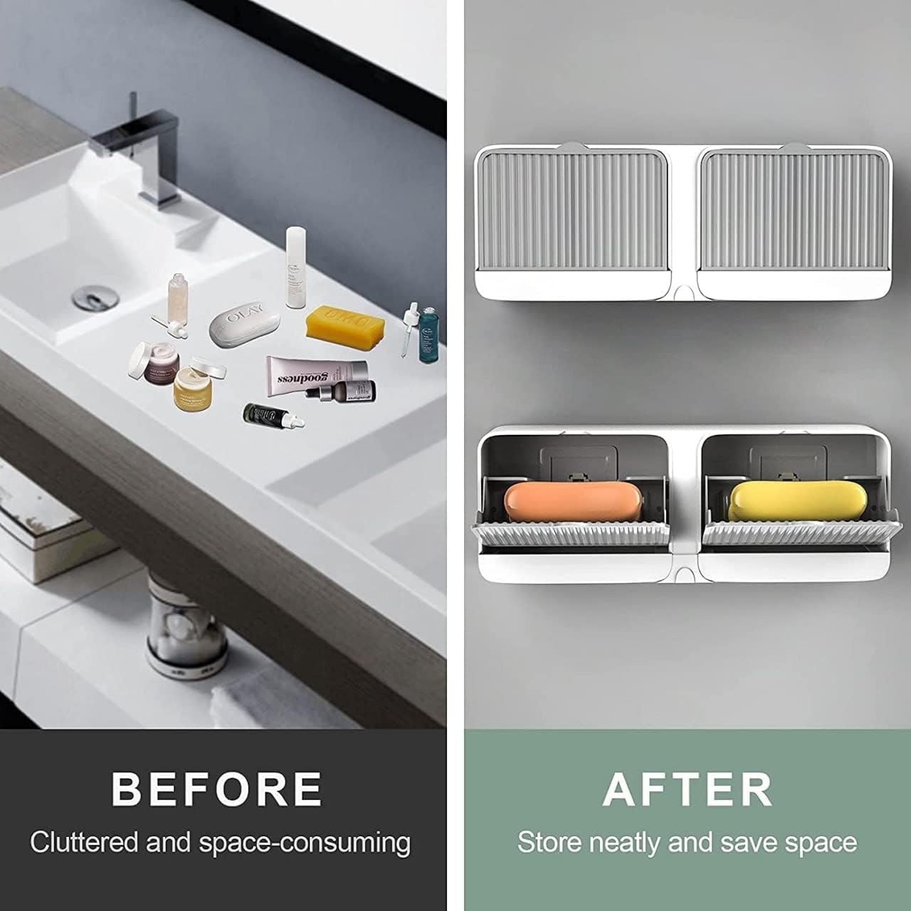 Wall Mounted Soap Holder with Lid and Drain Tray, Double Compartment Soap Box with Adhesive Sticker Installation, Bathroom Soap Storage Case with Hanging Hook