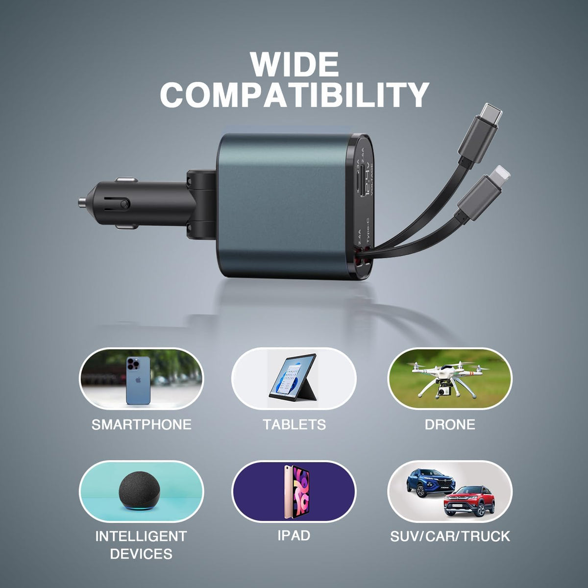 4 In 1 2 USB Ports Car Charger|Retractable Car Charger
