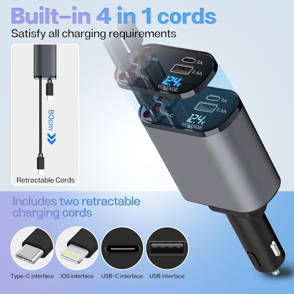 4 In 1 2 USB Ports Car Charger|Retractable Car Charger
