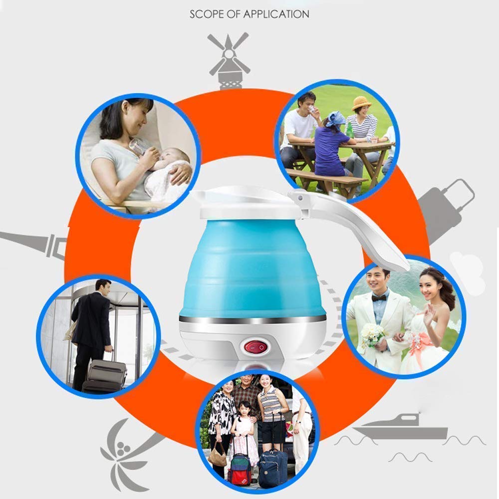Travel Foldable Fast Boiling Portable Electric Kettle - Silicone Food Grade Boil Dry Protection 220V -600ML for Most Travel and Home & Office Use