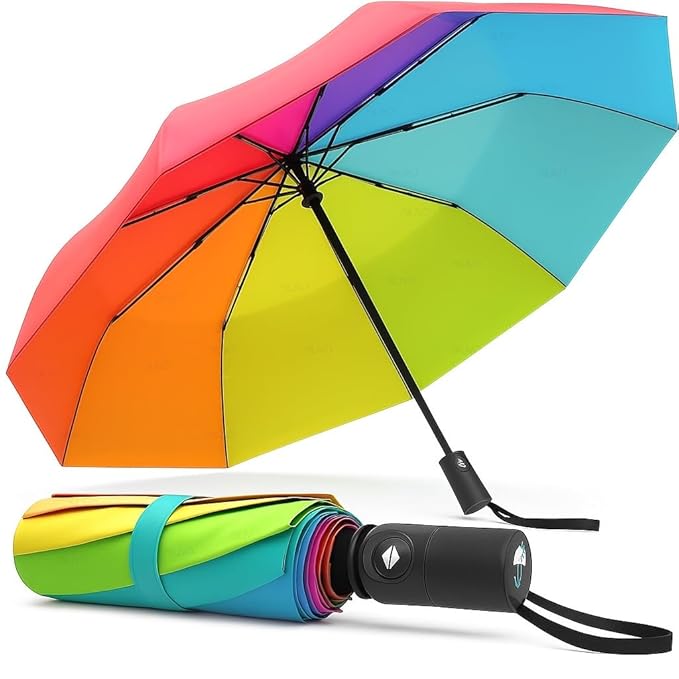 Rainbow Umbrella 3 Fold | Auto Open & Close | Wind & Rain Resistant Travel Umbrella