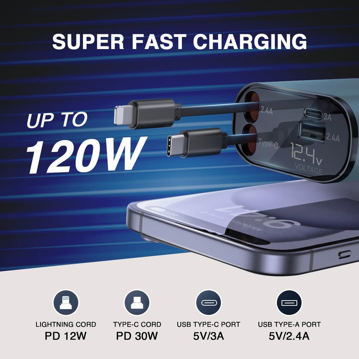 4 In 1 2 USB Ports Car Charger|Retractable Car Charger