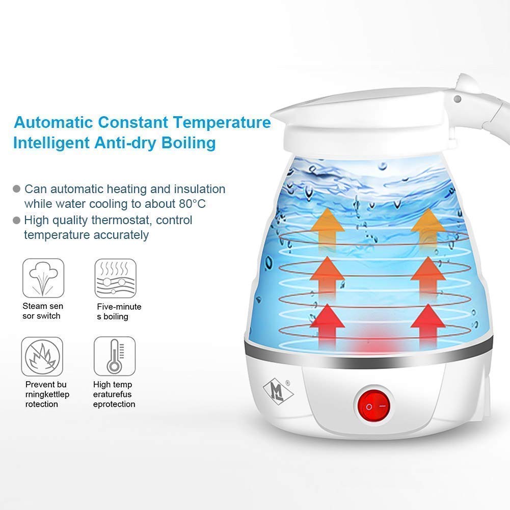 Travel Foldable Fast Boiling Portable Electric Kettle - Silicone Food Grade Boil Dry Protection 220V -600ML for Most Travel and Home & Office Use