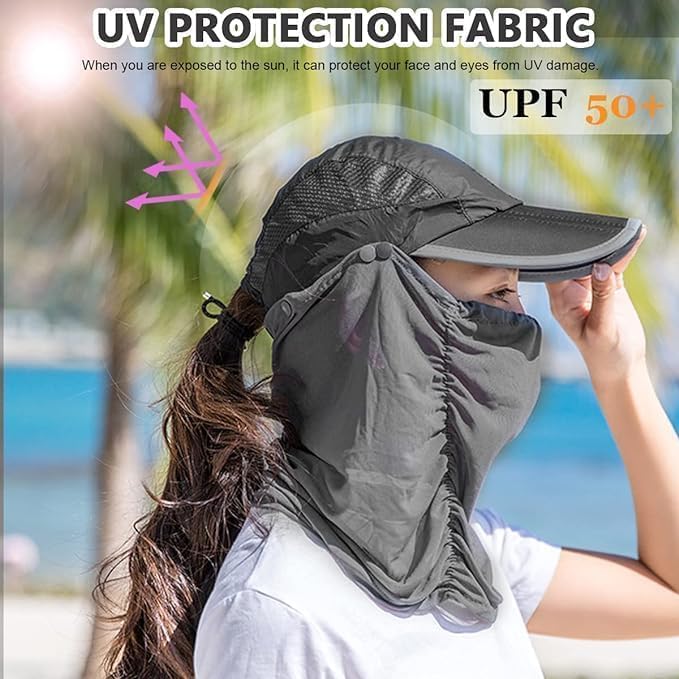 Face Mask With Cap - Cap With Face Protector - Cap Mask for Summer - UV Sun Protection Block Hat Face Cover Scarf With Cap - Summer Sun Protection Cap Mask - Face Cover Scarf With Cap Nylon - cap with big mask
