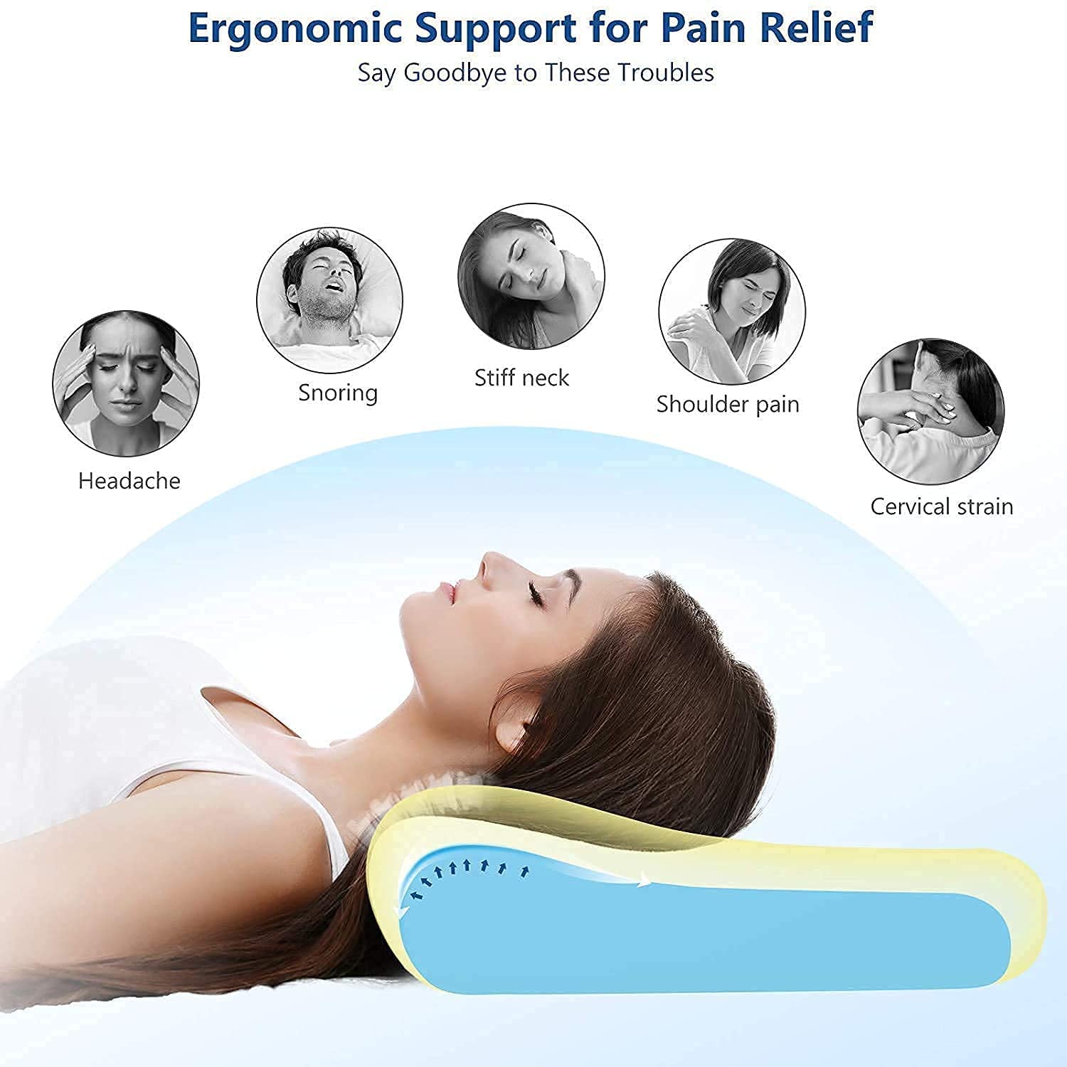 Memory Foam Pillow, Cervical Pillow for Neck Pain, Orthopedic Contour Pillow Support for Back, Stomach, Side Sleepers, Anti-Snoring Relief Neck Pillow, Anti-Allergy