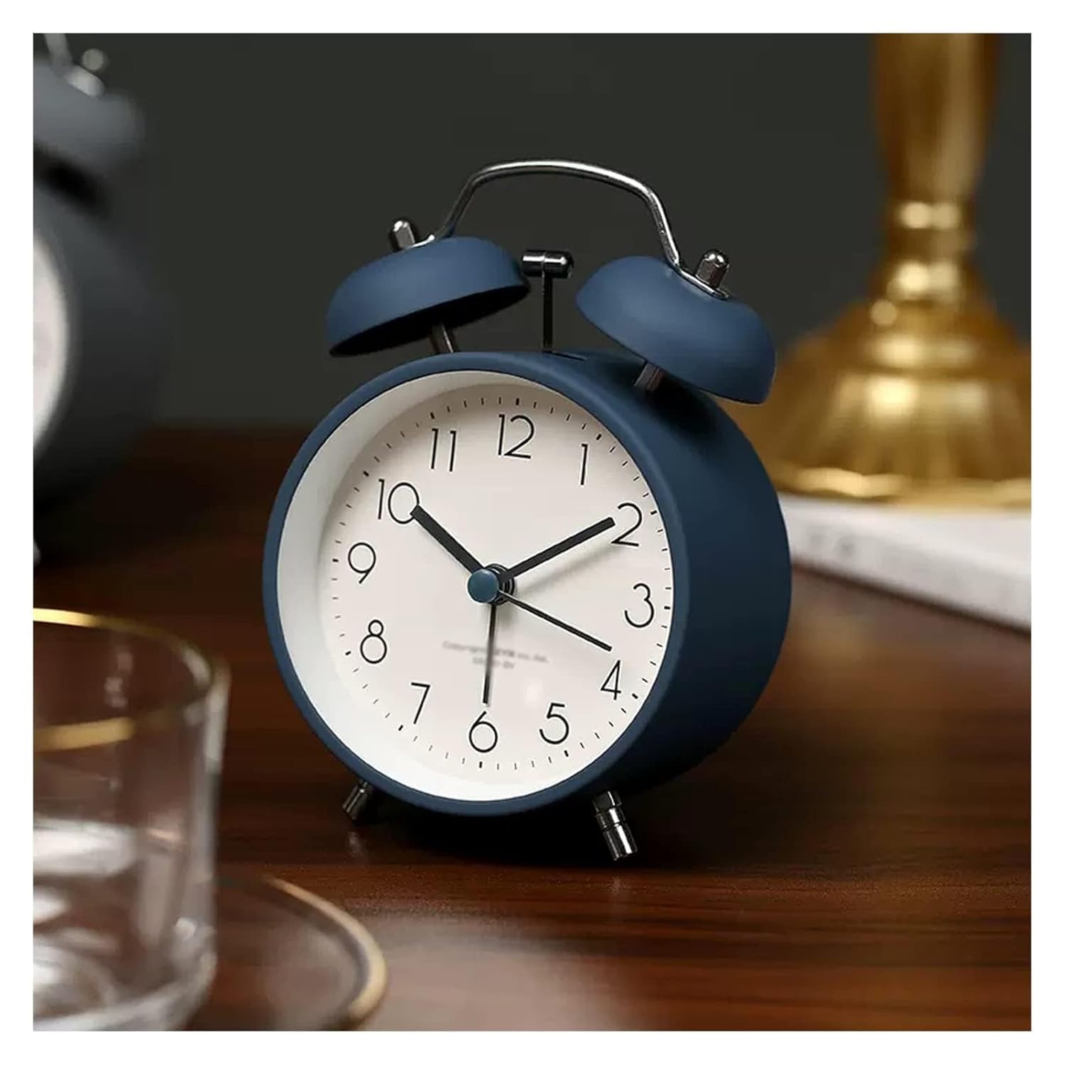 Metal Vintage Twin Bell Analog Display Table Alarm Clock with Night LED Light (Blue)