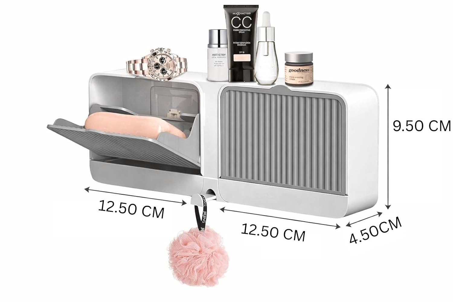 Wall Mounted Soap Holder with Lid and Drain Tray, Double Compartment Soap Box with Adhesive Sticker Installation, Bathroom Soap Storage Case with Hanging Hook