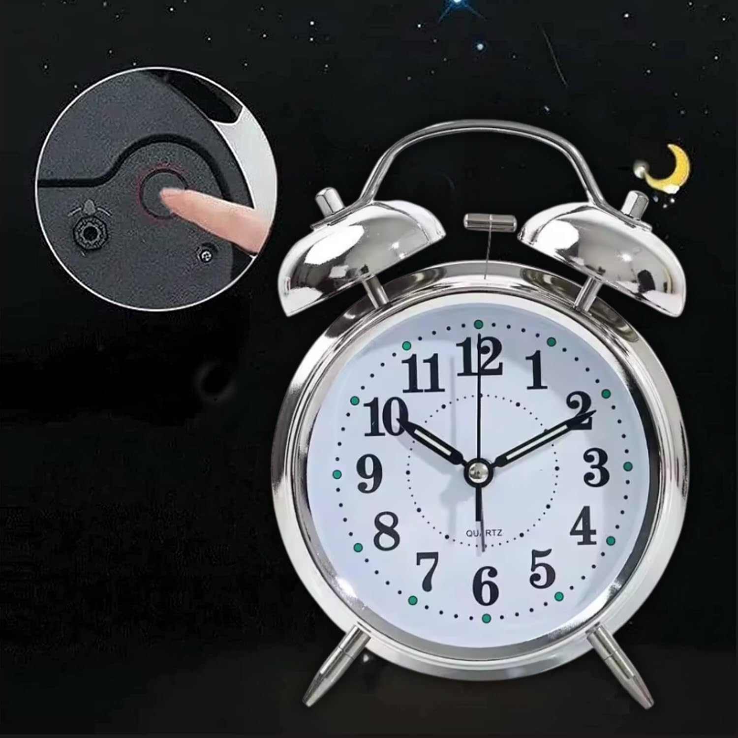 Twin Bell Table Clock, Metal Frame Alarm Clock with Night Backlight