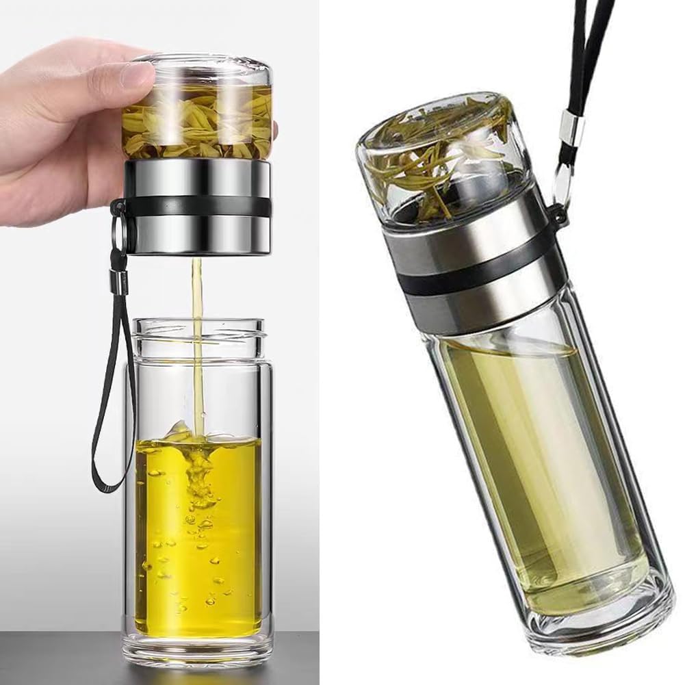 Dual-Layer Borosilicate Glass Tea Infuser Bottle With Strainer Filter | Double-Wall Tea, Coffee and Detox Water Bottle For office, Travel, Gym and Yoga Class | Green Tea Infuser Bottle – 350ML