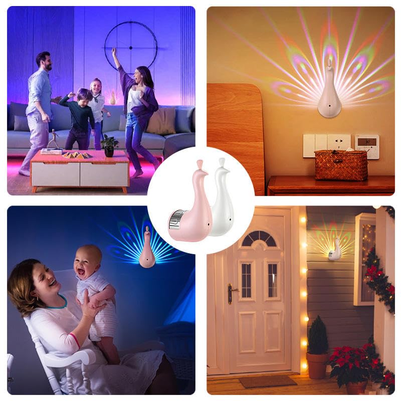 Peacock Wall Light, 7 Color Peacock Lamp with Remote Control, USB Charging, White
