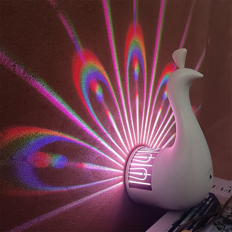 Peacock Wall Light, 7 Color Peacock Lamp with Remote Control, USB Charging, White