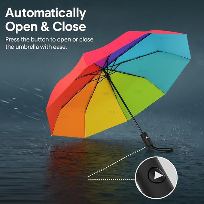 Rainbow Umbrella 3 Fold | Auto Open & Close | Wind & Rain Resistant Travel Umbrella