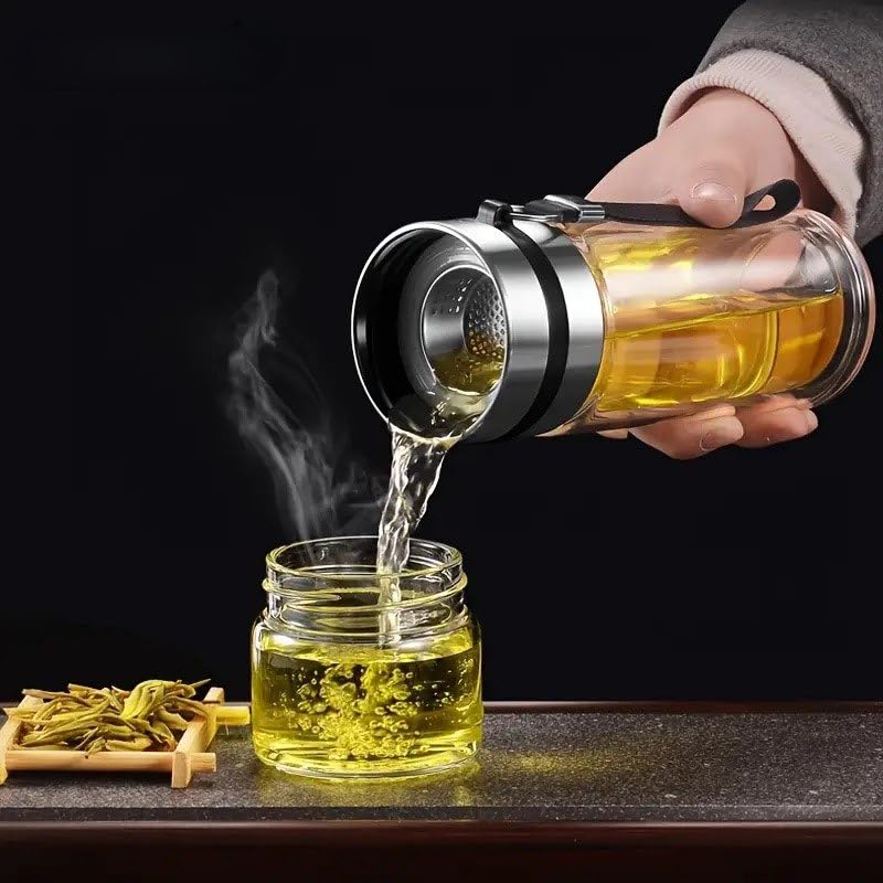 Dual-Layer Borosilicate Glass Tea Infuser Bottle With Strainer Filter | Double-Wall Tea, Coffee and Detox Water Bottle For office, Travel, Gym and Yoga Class | Green Tea Infuser Bottle – 350ML