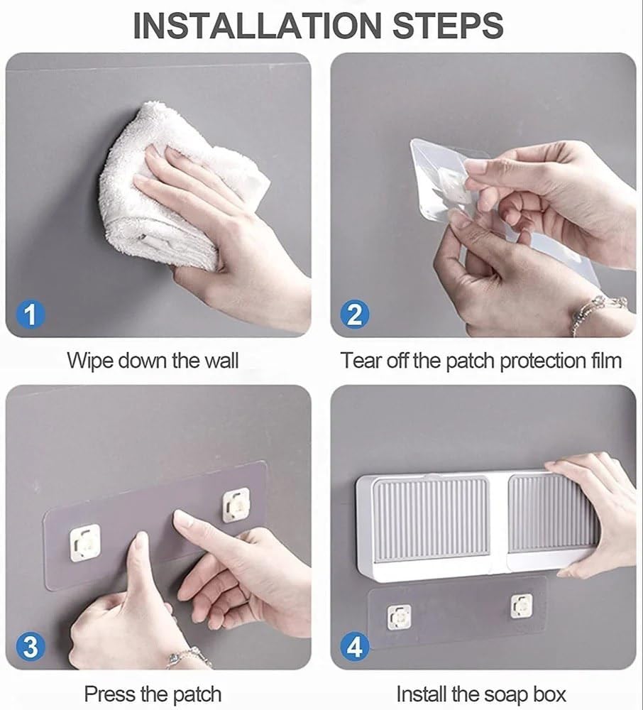 Wall Mounted Soap Holder with Lid and Drain Tray, Double Compartment Soap Box with Adhesive Sticker Installation, Bathroom Soap Storage Case with Hanging Hook