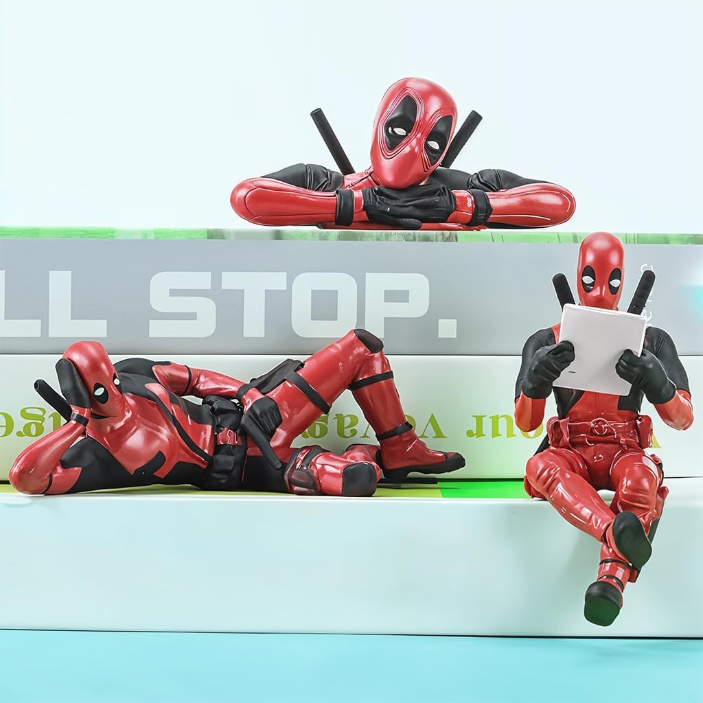 Deadpool PVC Action Figure Set – 3 Movable Joint Models for Desk, Home & Car Decor | Unique Superhero Decoration Collectibles (RED)