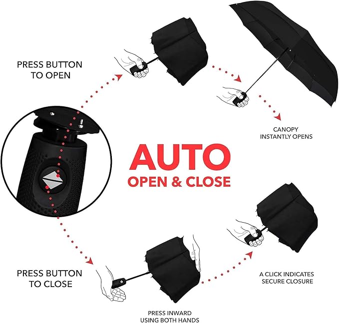 Portable Auto Travel Umbrella - Windproof for Rain, Strong for Wind, Auto Open/Close Button