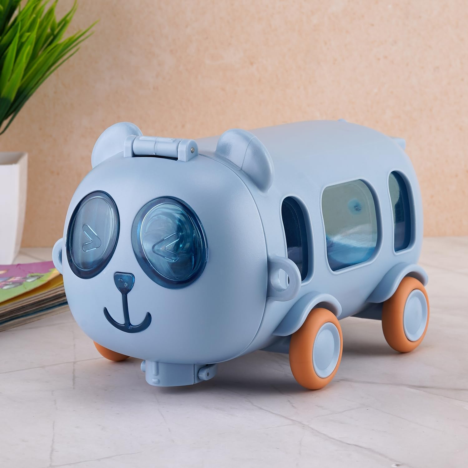 Dagcros Cute Panda Bus Shaped Water Bottle for Kids – 380ml Leak-Proof Bottle with Silicone Straw, Lock Lid, Portable Strap & Movable Wheels – Fun School Sipper for Boys & Girls