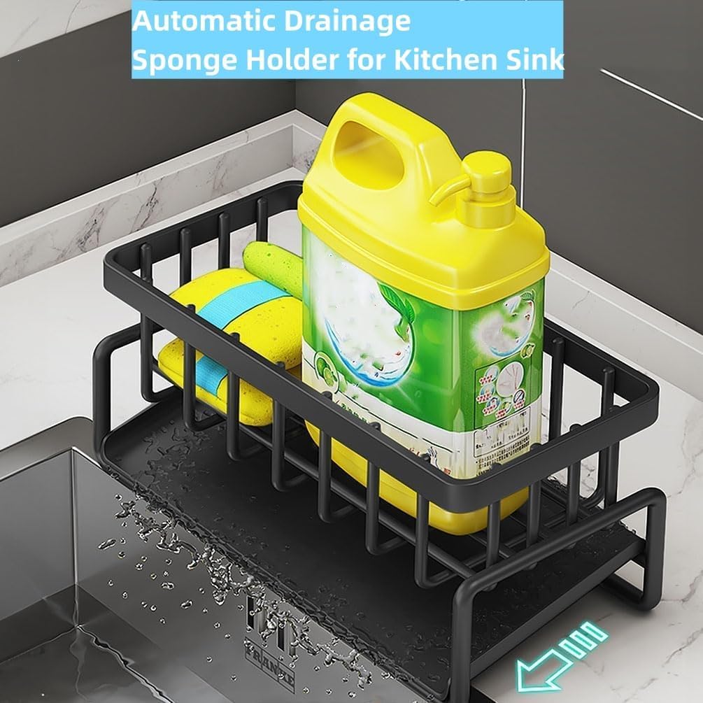 Metal Sponge Holder for Kitchen Sink – Auto-Draining Sink Organizer Caddy with Soap Tray, Dish Brush & Towel-Bar Holder, Kitchen Storage Rack