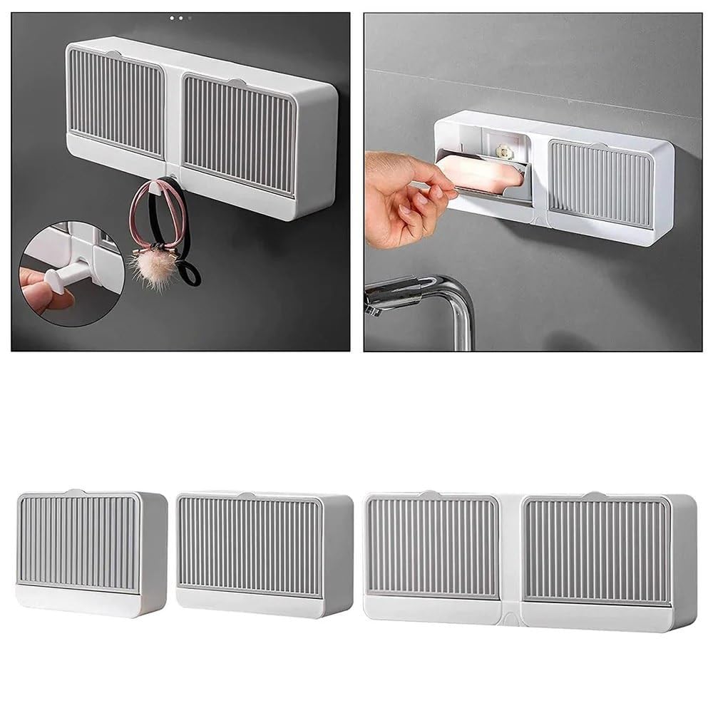 Wall Mounted Soap Holder with Lid and Drain Tray, Double Compartment Soap Box with Adhesive Sticker Installation, Bathroom Soap Storage Case with Hanging Hook