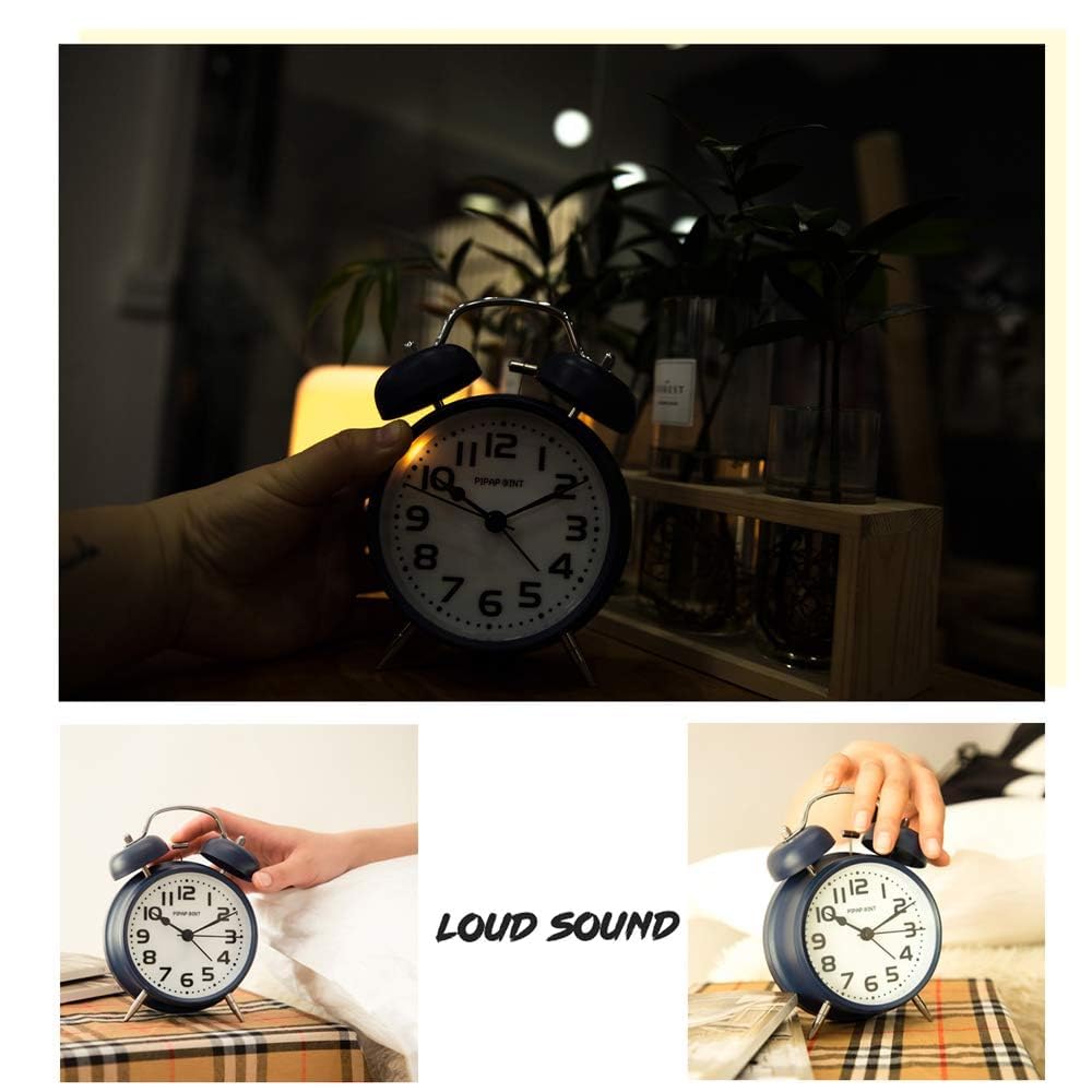 Metal Vintage Twin Bell Analog Display Table Alarm Clock with Night LED Light (Blue)