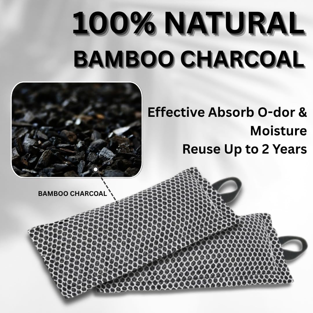 Activated Charcoal Bed Smell Remover Kit – Natural Odor Eliminator & Moisture Absorber for Mattress, Pillows, Cushions, Pet Beds – Deodorizer for Closet,Car Trunk, Shoe Rack & Fridge || WITH HOOK  ||