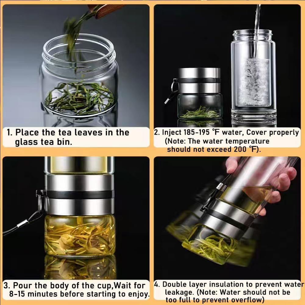 Dual-Layer Borosilicate Glass Tea Infuser Bottle With Strainer Filter | Double-Wall Tea, Coffee and Detox Water Bottle For office, Travel, Gym and Yoga Class | Green Tea Infuser Bottle – 350ML