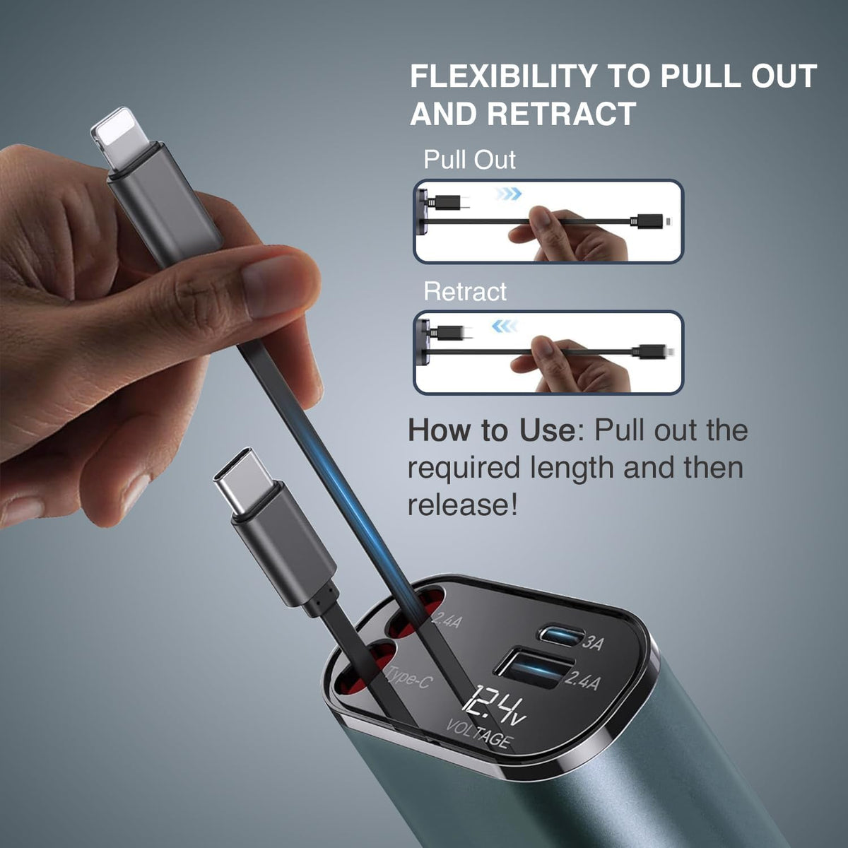 4 In 1 2 USB Ports Car Charger|Retractable Car Charger