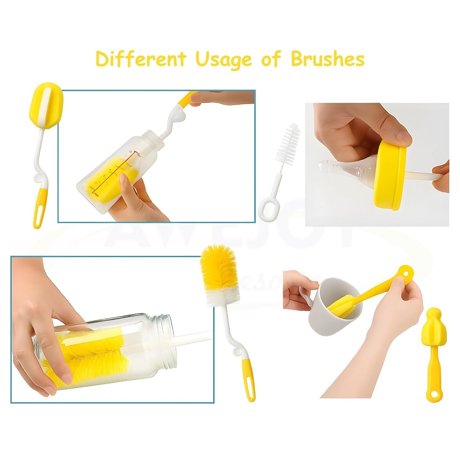 Baby Bottle Cleaning Brush 5Pc Set Feeding Bottle Cleaner Kit with Nipple Brush, Straw Brush & Sponge