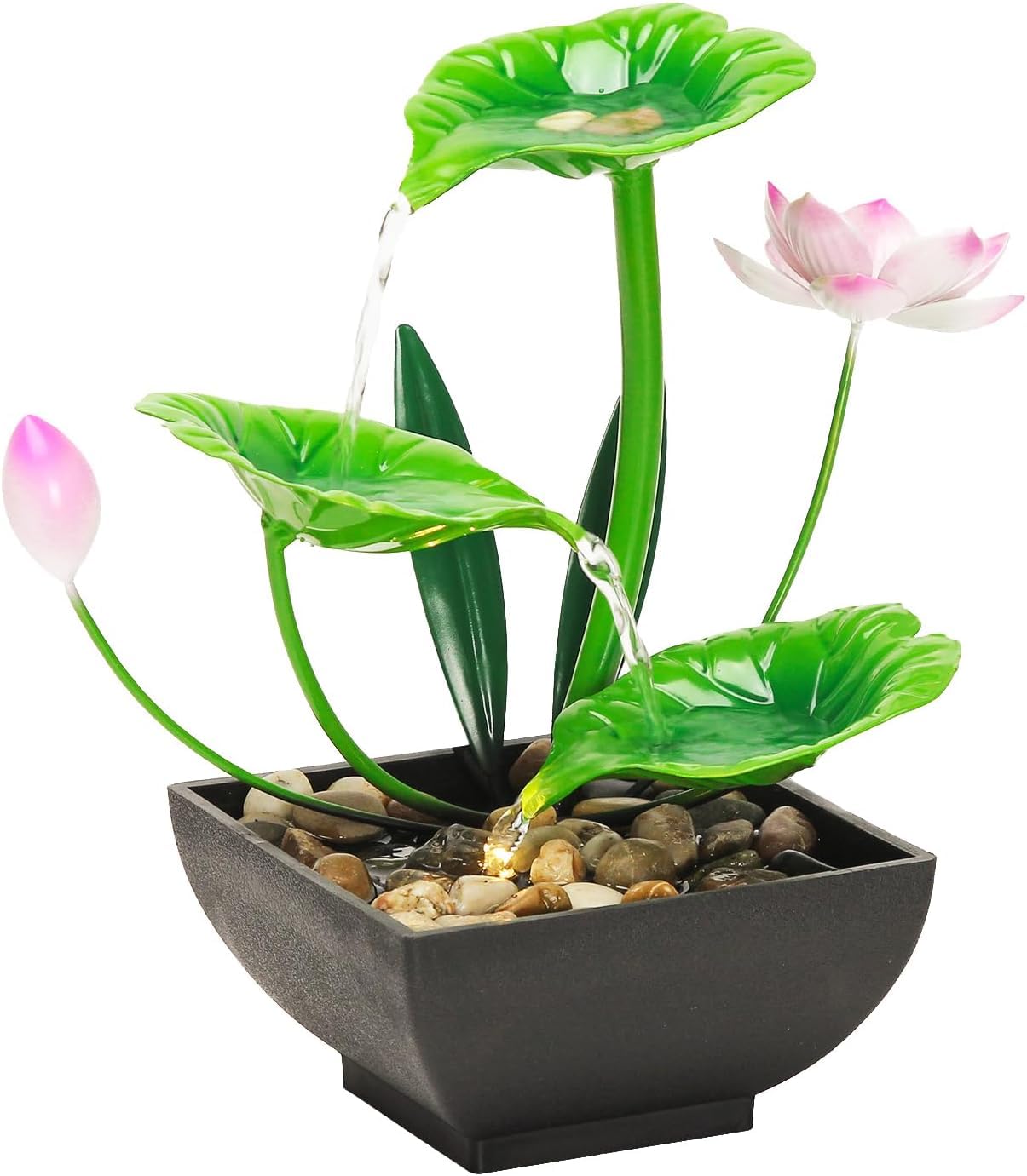 Waterfall Fountain Indoor Water Fountain 3-Tier Lotus Desk Fountain Relaxation Tabletop Fountain Home Decor Including Lots of Rocks and Soothing Sound Machine (Green), Iron,Polyvinyl Chloride