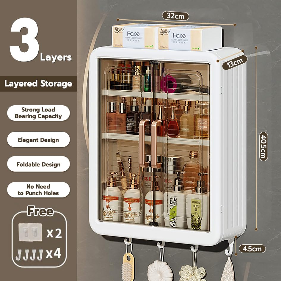 No-Drill Bathroom Shelf & Storage Cabinet - Wall Organizer for Bathroom Essentials, Makeup, Skincare, and More
