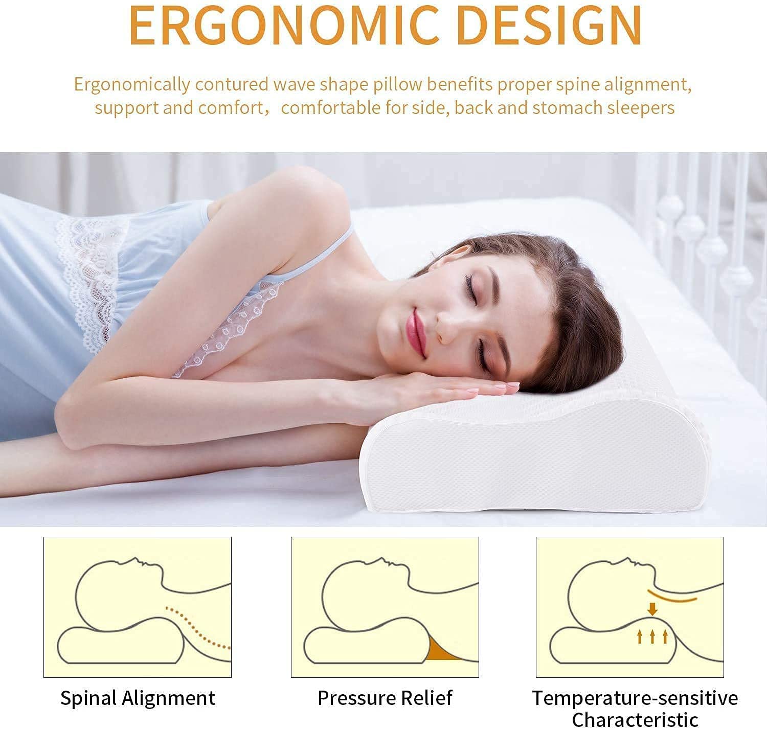 Memory Foam Pillow, Cervical Pillow for Neck Pain, Orthopedic Contour Pillow Support for Back, Stomach, Side Sleepers, Anti-Snoring Relief Neck Pillow, Anti-Allergy
