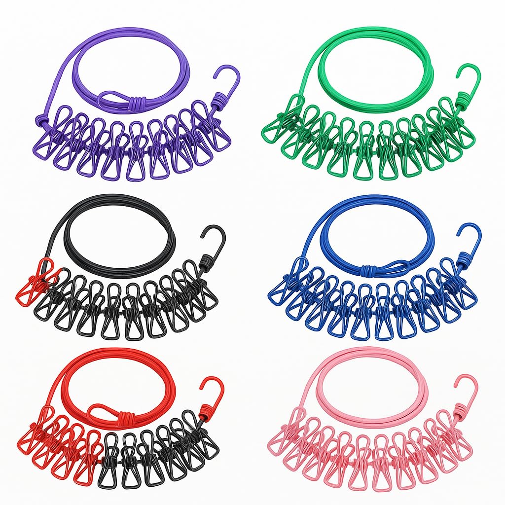 Cloth Drying Rope with 12 Clips & Hooks
