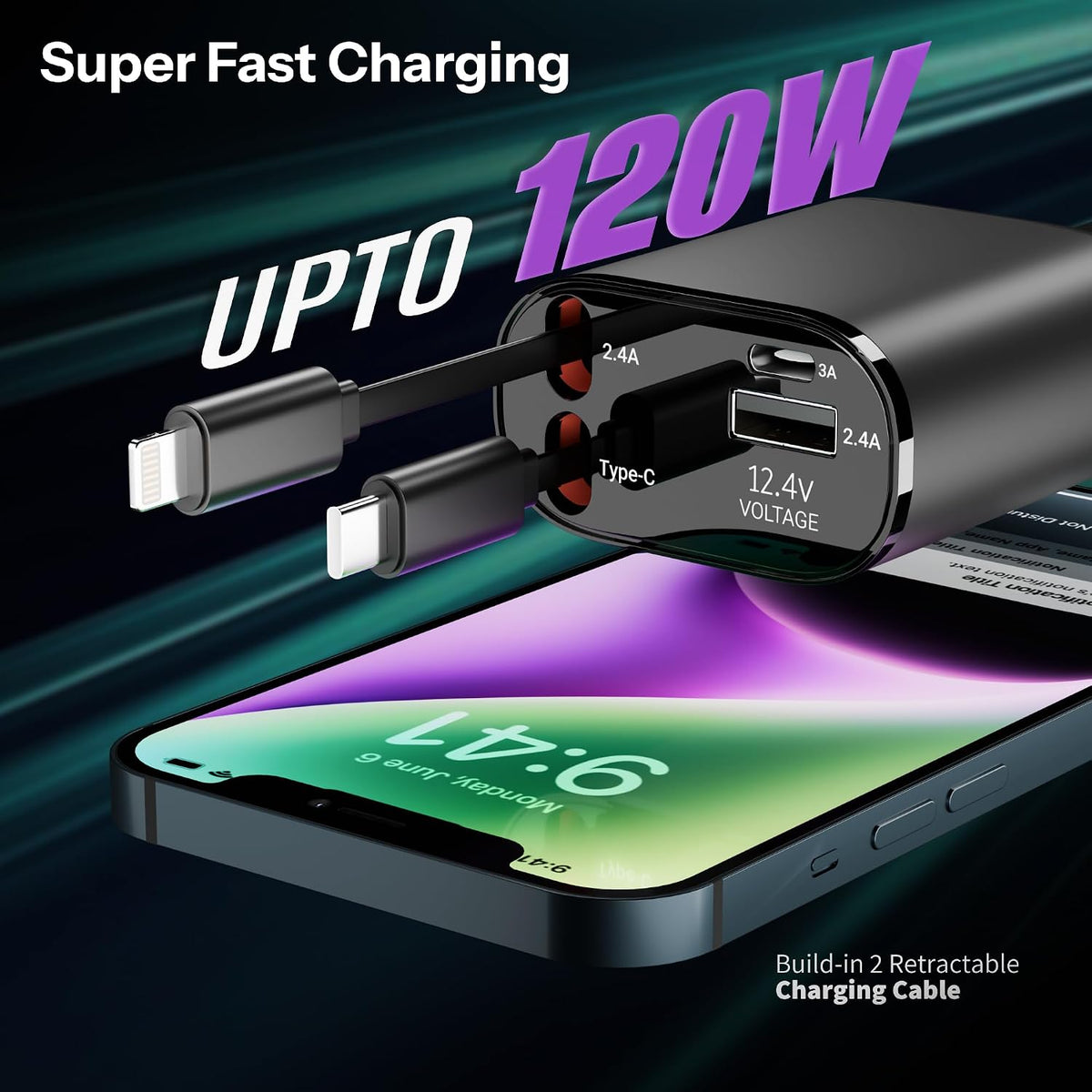 4 In 1 2 USB Ports Car Charger|Retractable Car Charger