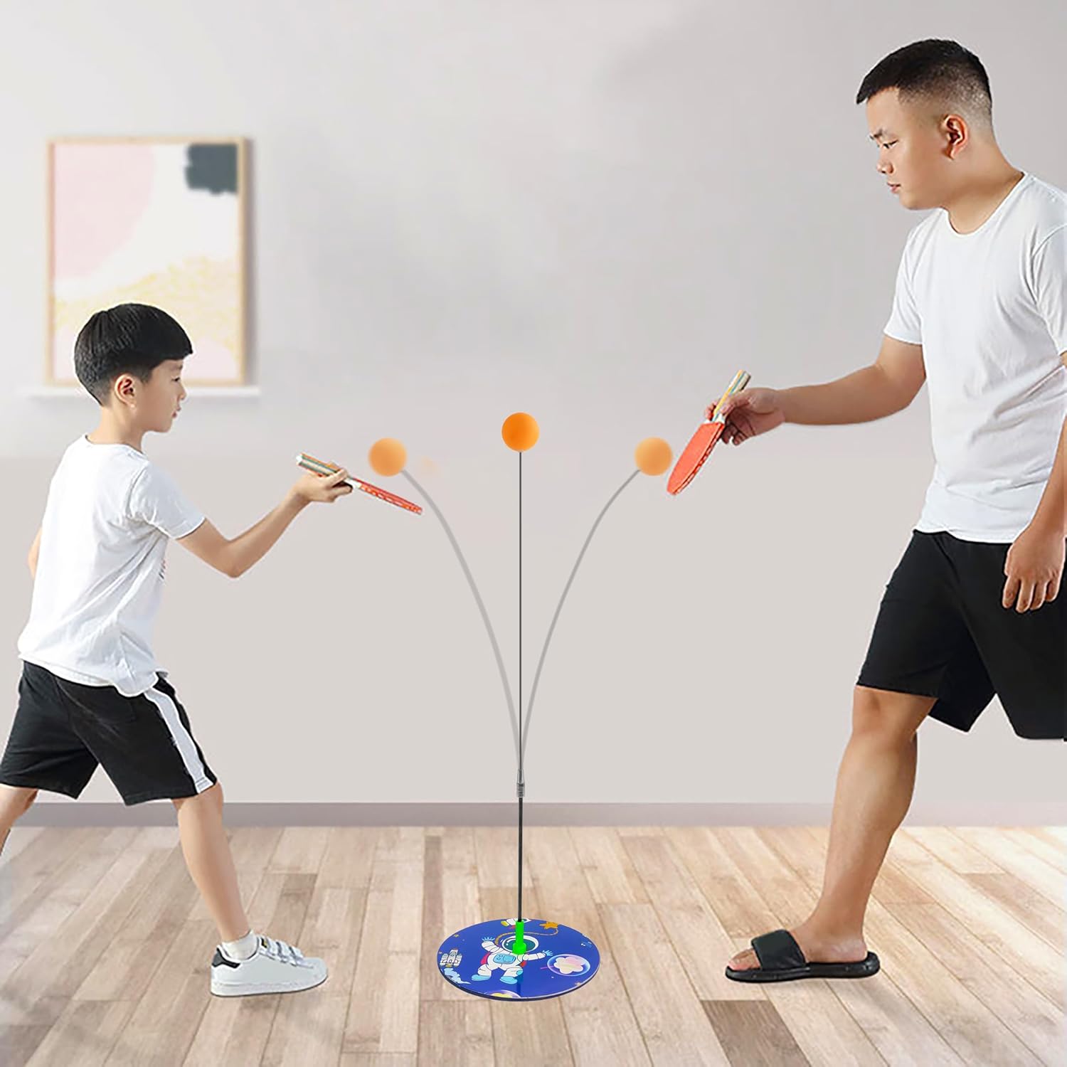Height Adjustable Standing Table Tennis Trainer Set Toy for Kids and Adults with 4 Ping Pong Balls and 2 Wooden Rackets
