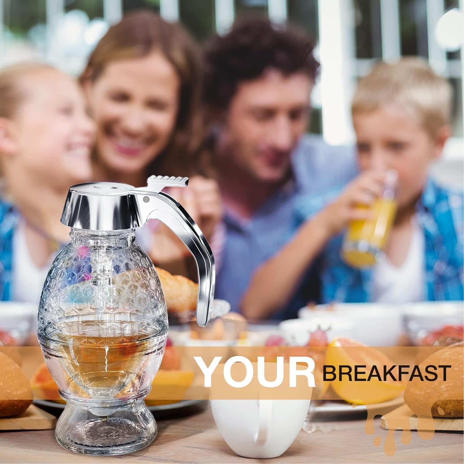 Acrylic Container with Cup, Syrup and Sugar Pot,No Drip Clear Honey Dispenser, Beautiful Honey Jar with Stand, Honey Bottle for Kitchen